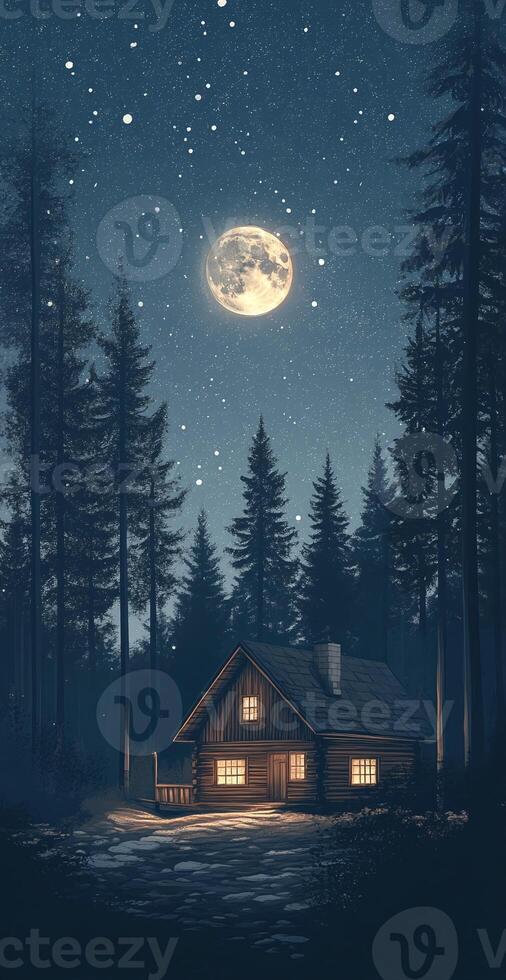 Rustic Cabin in Pine Forest Under Full Moonlight and Starry Sky with Illuminated Windows at Night photo