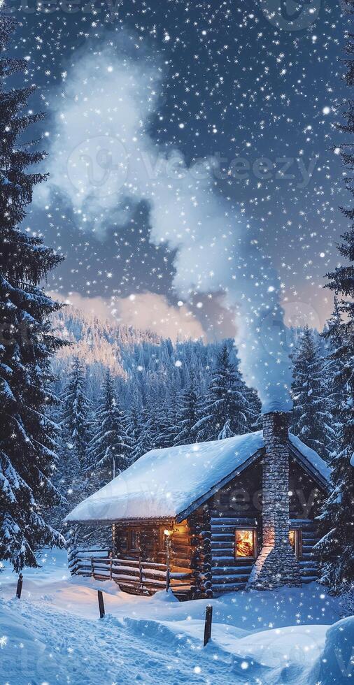 Cozy Snow Covered Log Cabin With Smoke From Chimney Surrounded By Pine Forest In Winter Evening photo