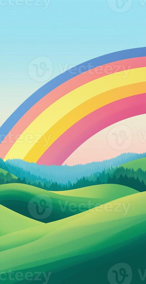 Vibrant Rainbow Arching Over Rolling Green Hills with Forest and Clear Blue Sky in Summer Landscape photo