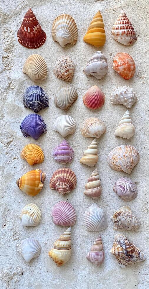Assorted Seashells Collection Arranged on White Sandy Beach Background for Nature and Summer Themes photo