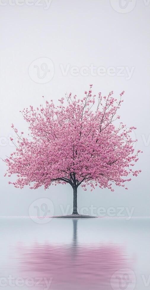 Pink Cherry Blossom Tree in Full Bloom Reflecting Over Calm Water With Soft Gray Sky photo