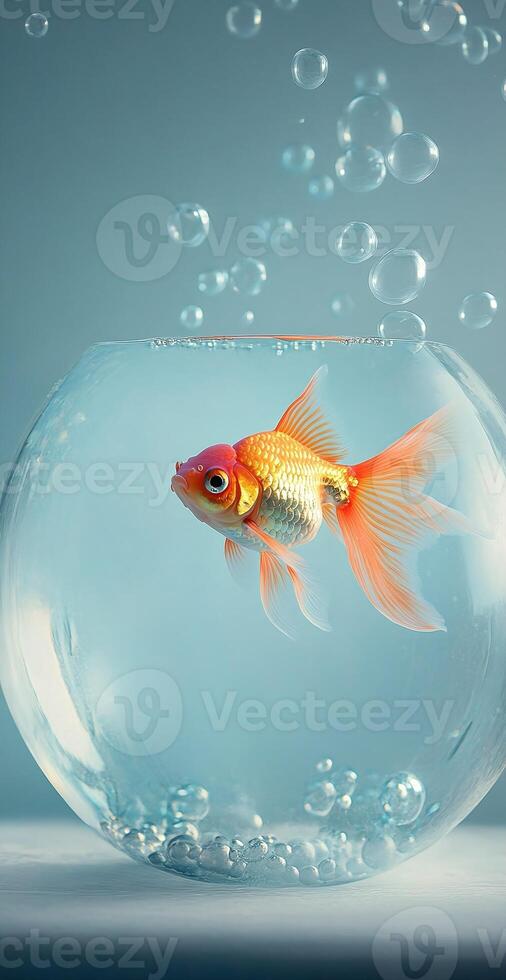 Vivid Orange Goldfish Swimming in Clear Glass Bowl with Floating Bubbles and Blue Background photo