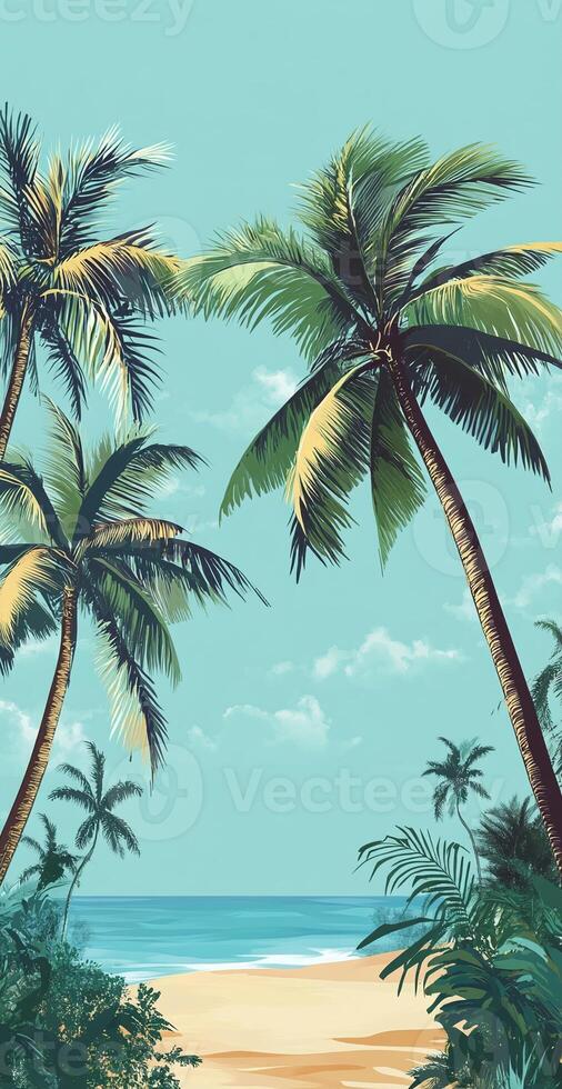 Tropical Palm Trees Overlooking Sandy Beach With Blue Ocean And Clear Sky In Scenic Sunny Landscape photo