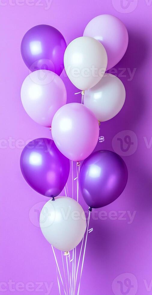 Cluster of Purple and White Balloons Against Bright Violet Background for Celebrations and Parties photo