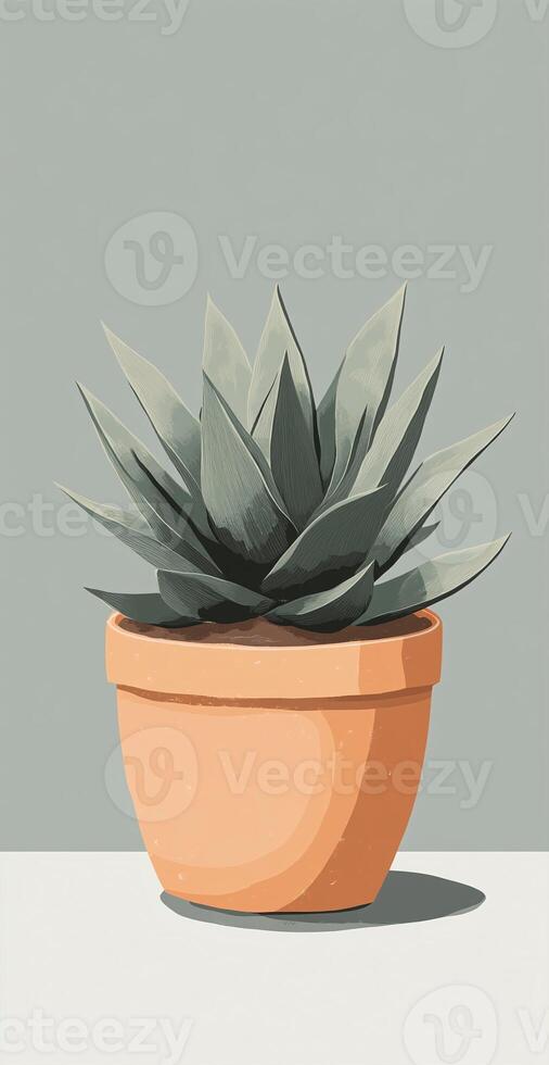 Potted Green Succulent Plant in Orange Clay Pot on Light Grey Background for Home Decor and Gardening photo
