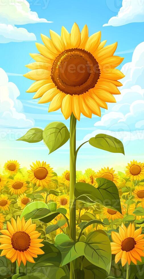 Bright Yellow Sunflower Closeup in Bloom with Green Grass and Blue Sky in Vibrant Sunlit Field photo