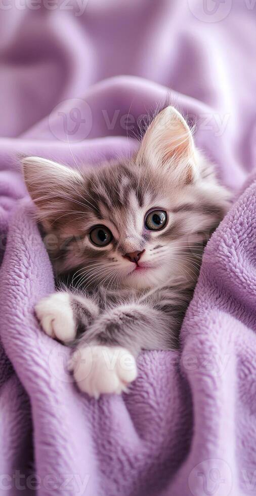 Adorable Gray Tabby Kitten Snuggled in Soft Lavender Blanket with Cute Cozy Expression photo