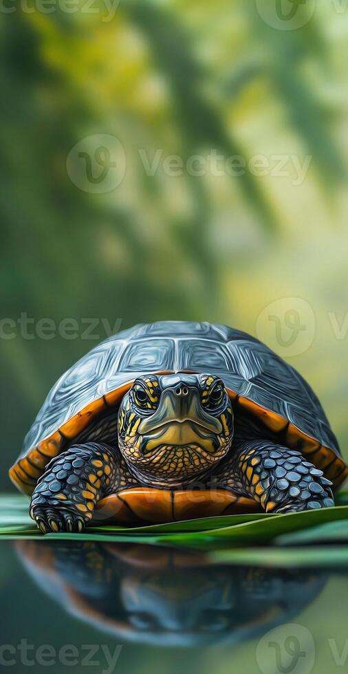 Close Up of Yellow and Black Turtle Resting on Green Leaf with Blurred Forest Background Reflection photo