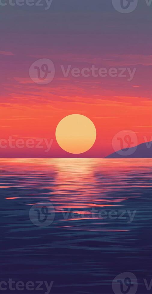 Vibrant Sunset Over Serene Ocean Reflecting Warm Orange Sky with Distant Hills and Soft Calm Waves photo