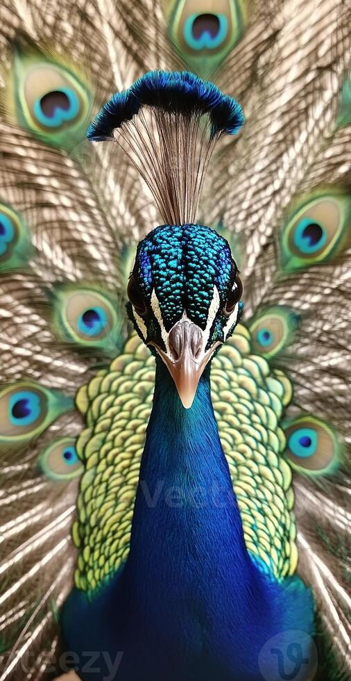 Vivid Closeup of Peacock with Vibrant Blue Feathers and Detailed Eye Pattern Tail Display photo