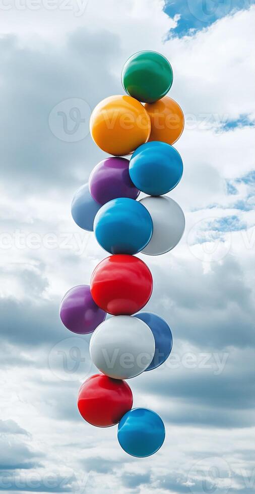 Bright Floating Balloons Against Cloudy Blue Sky Celebration and Party Atmosphere in Outdoor Setting photo