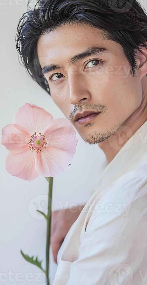 Elegant Portrait of a Man Holding a Delicate Light Pink Flower Against a Soft White Background photo