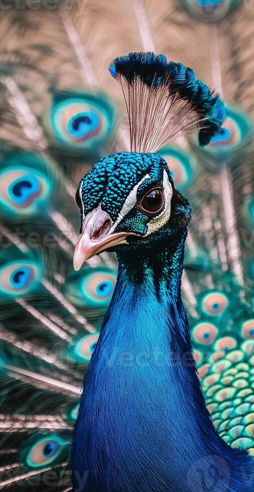 Vivid Blue Peacock Closeup With Patterned Feathers and Natural Background Displaying Elegance photo