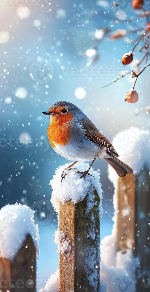 Winter Robin Perched on Snowy Fence Post Against Blue Background with Falling Snowflakes and Red Berries photo