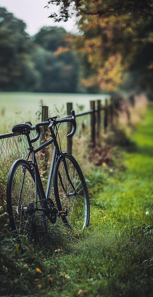 Black Road Bike Leaning Against Fence in Green Grassy Countryside with Trees and Soft Focus Background photo