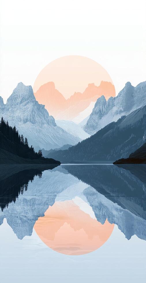Mountain Lake Reflection Sunrise with Orange Sun and Blue Peaks Surrounded by Forest and Tranquil Sky photo