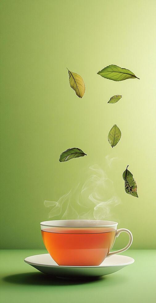 Steaming Cup of Herbal Tea with Floating Green Leaves on Light Green Background for Relaxation photo