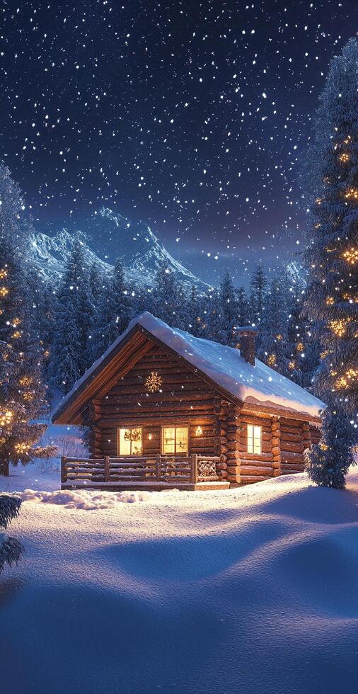 Cozy Wooden Cabin With Snowfall Surrounded By Pine Trees And Mountains Under A Starry Winter Sky photo