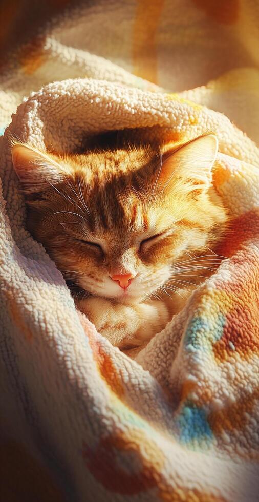 Adorable Orange Tabby Cat Sleeping Comfortably Wrapped in Soft Colorful Blanket in Warm Sunlight photo