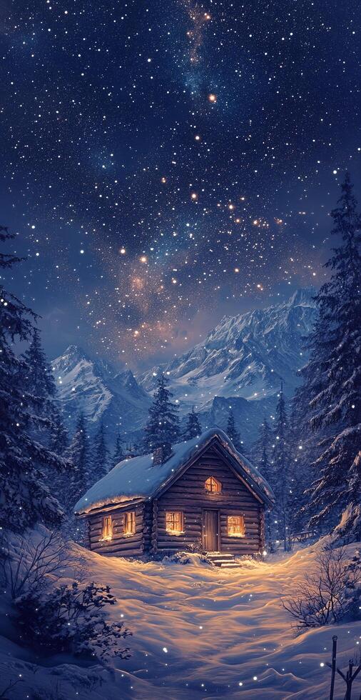 Snowy Cabin in Winter Forest with Lit Windows Under Starry Night Sky in Mountain Landscape photo