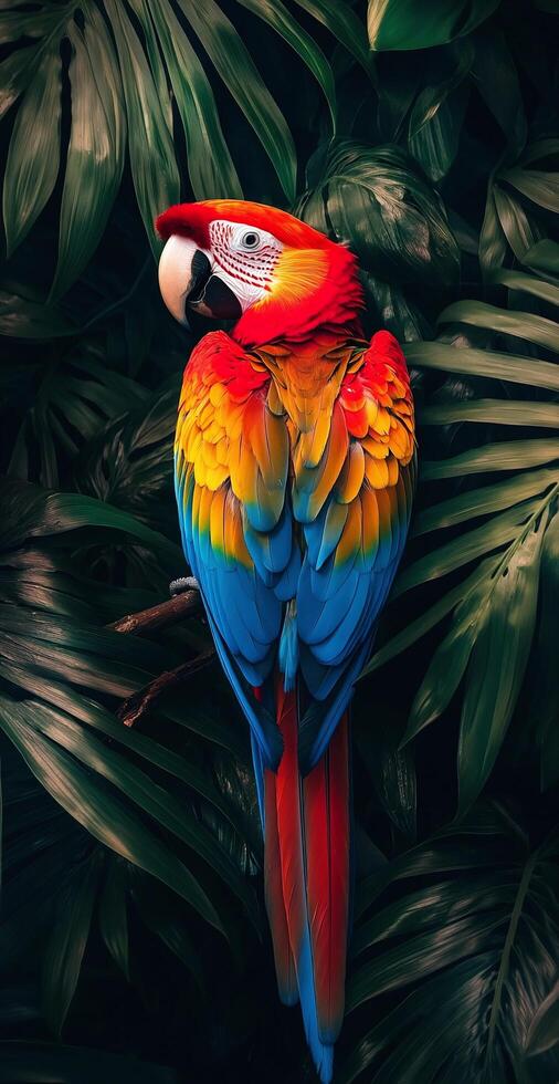Vivid Scarlet Macaw Perched on Branch Amid Dense Green Tropical Rainforest Foliage photo