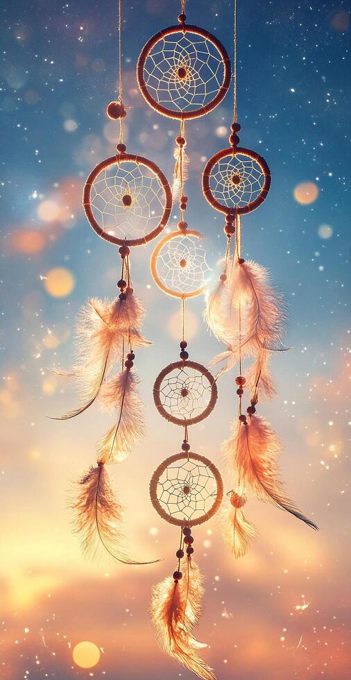 Dreamcatchers with Feathers Against Sparkling Sunset Sky for Boho Decor and Spiritual Themes photo