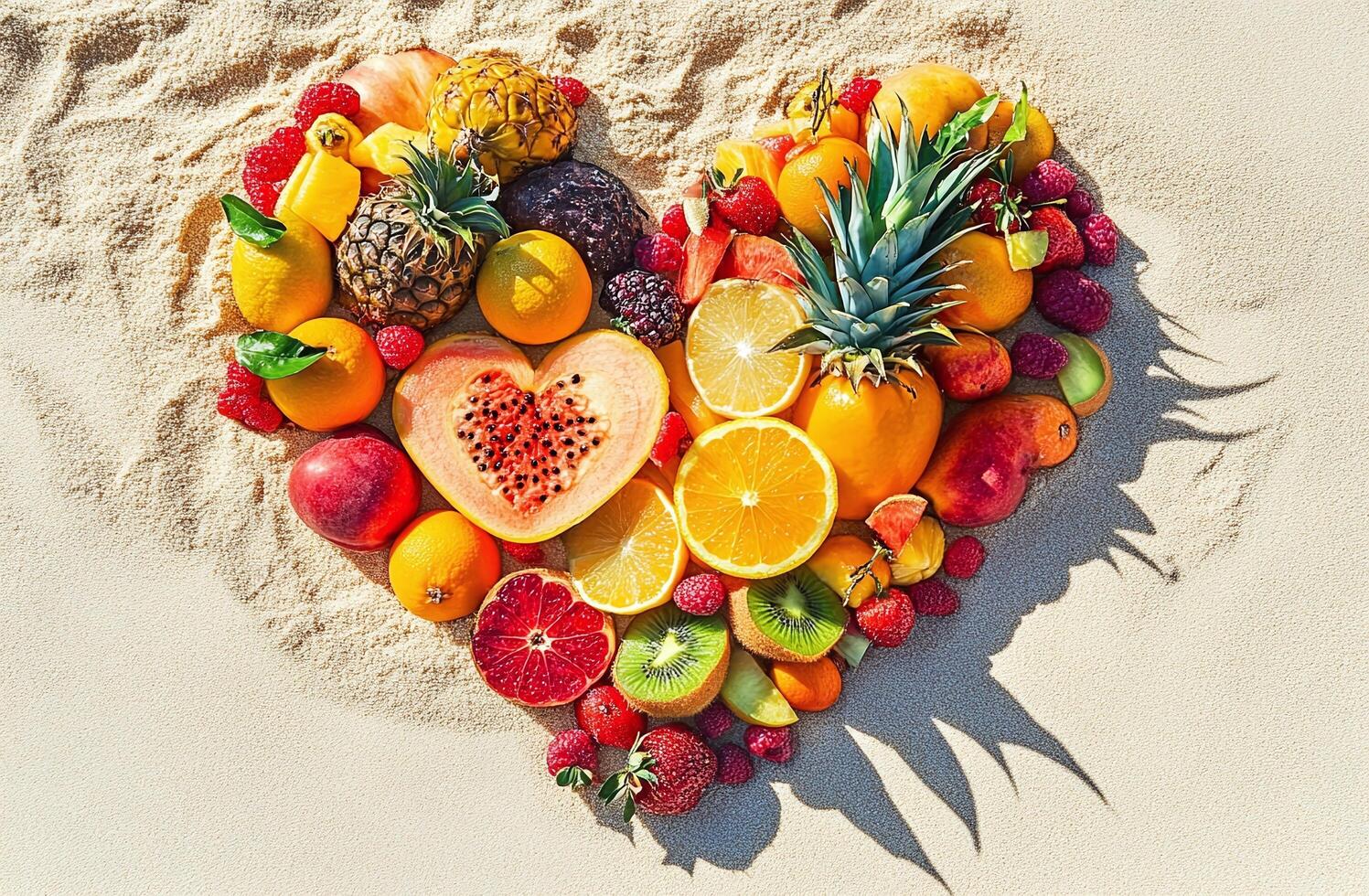 Heart Shaped Tropical Fruits Arrangement on Sandy Beach with Vibrant Natural Colors and Shadows photo