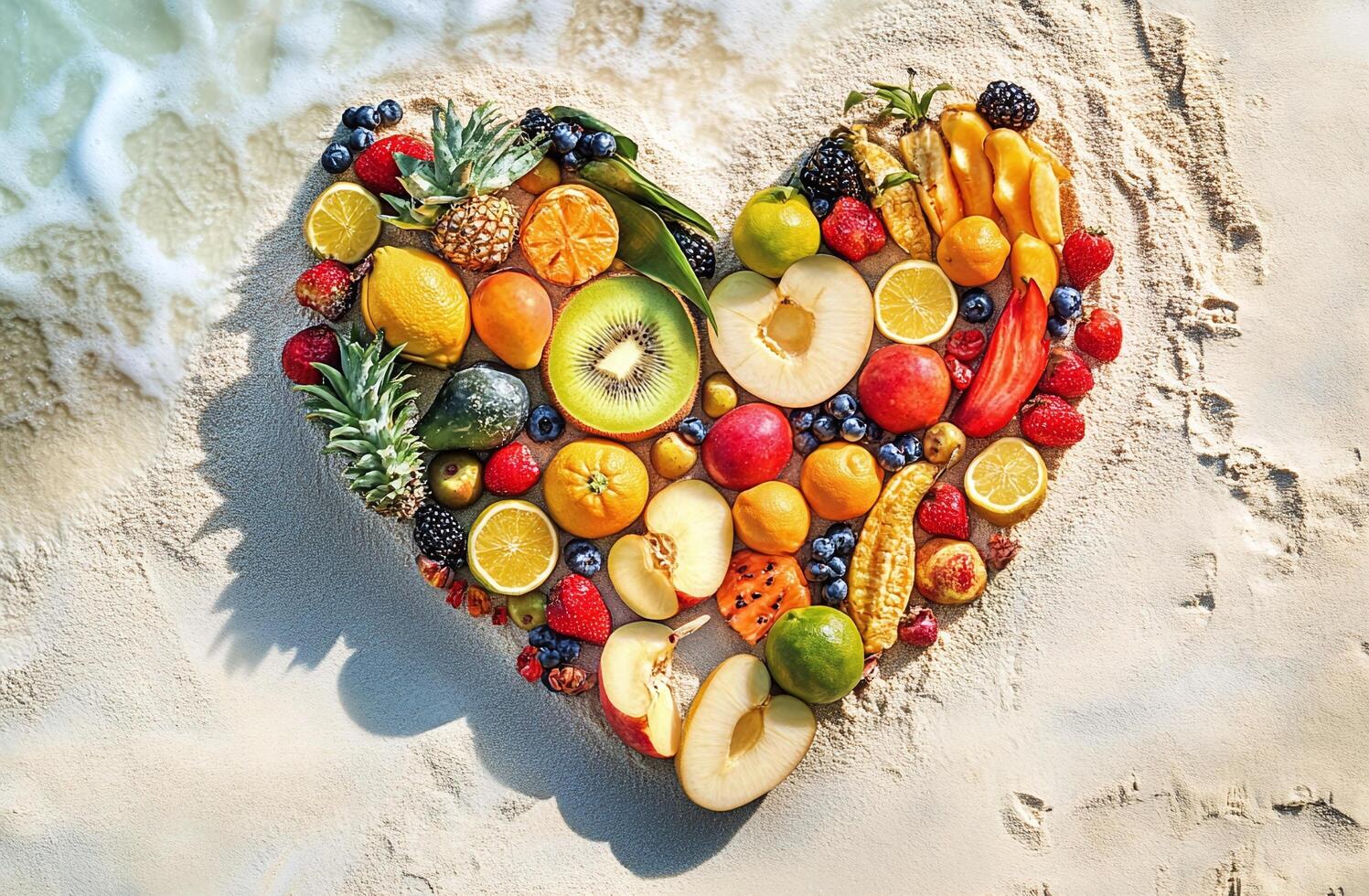 Heart Shaped Tropical Fruits Assortment on Sandy Beach with Ocean Waves in Bright Sunlight photo