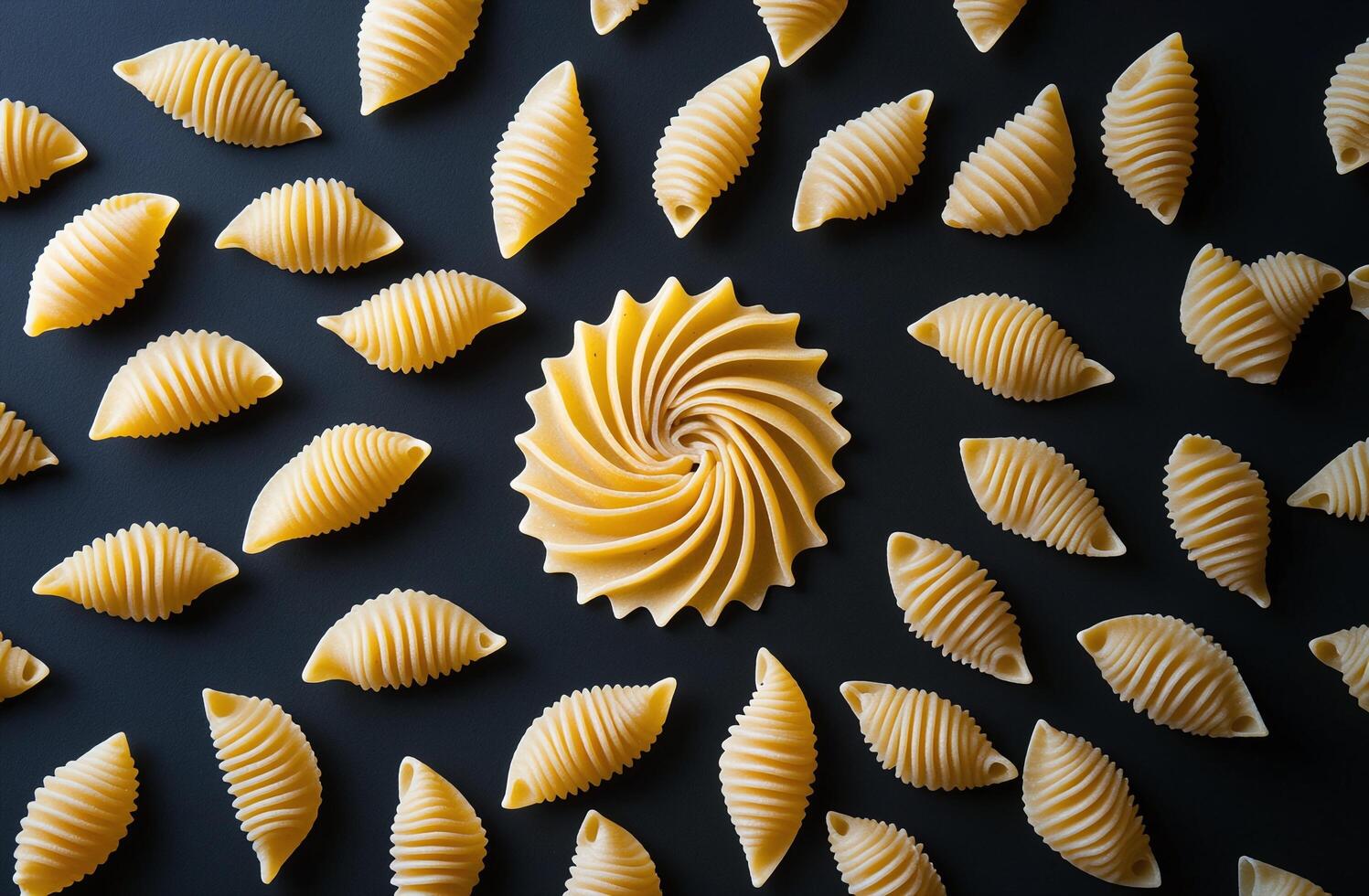 Closeup of Spiral and Shell Shaped Uncooked Pasta on Dark Background Ideal for Italian Cuisine Use photo