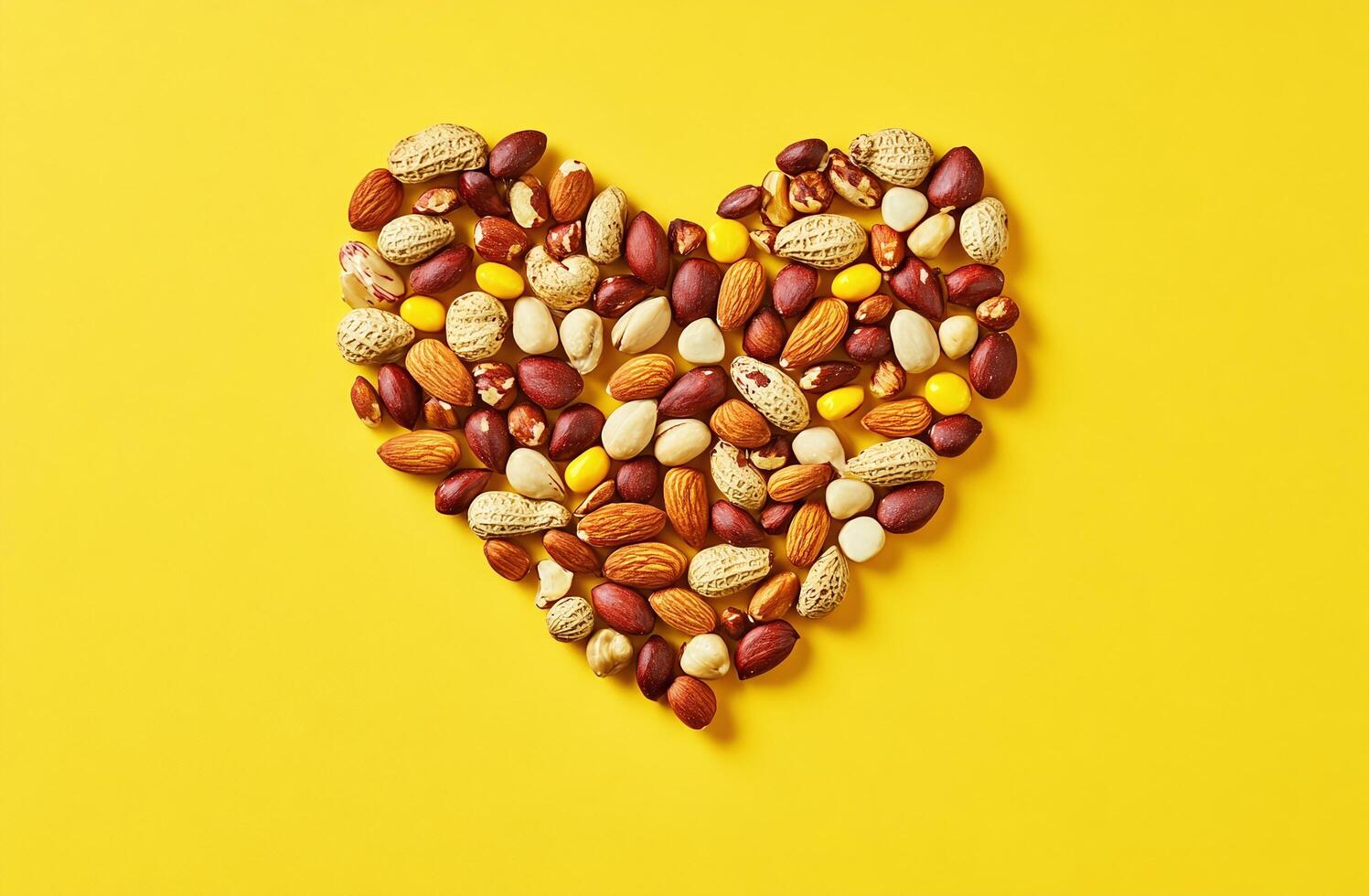 Heart Shape Made of Mixed Nuts on Bright Yellow Background for Healthy Snack and Nutrition Concept photo