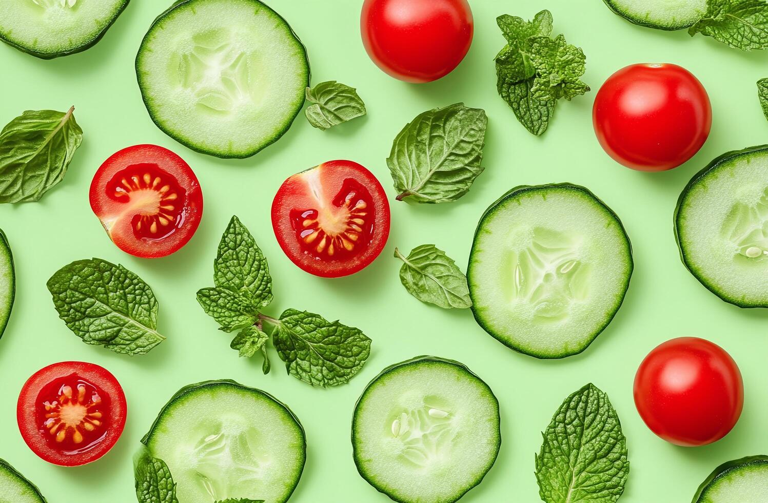 Fresh Slices of Cucumber Cherry Tomatoes Mint Leaves on Green Background for Healthy Meal Ideas photo