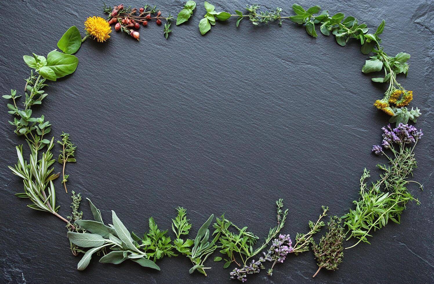 Herbal Leaf and Flower Wreath on Dark Slate Background for Natural Wellness and Culinary Themes photo