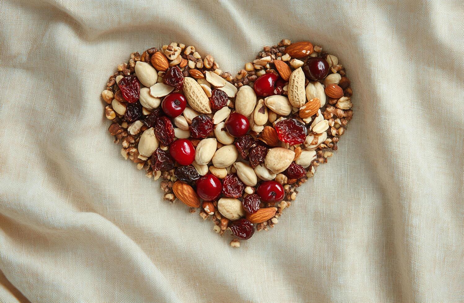 Heart Shaped Nuts And Dried Fruits With Cherries On Beige Fabric Background For Healthy Living Concept photo