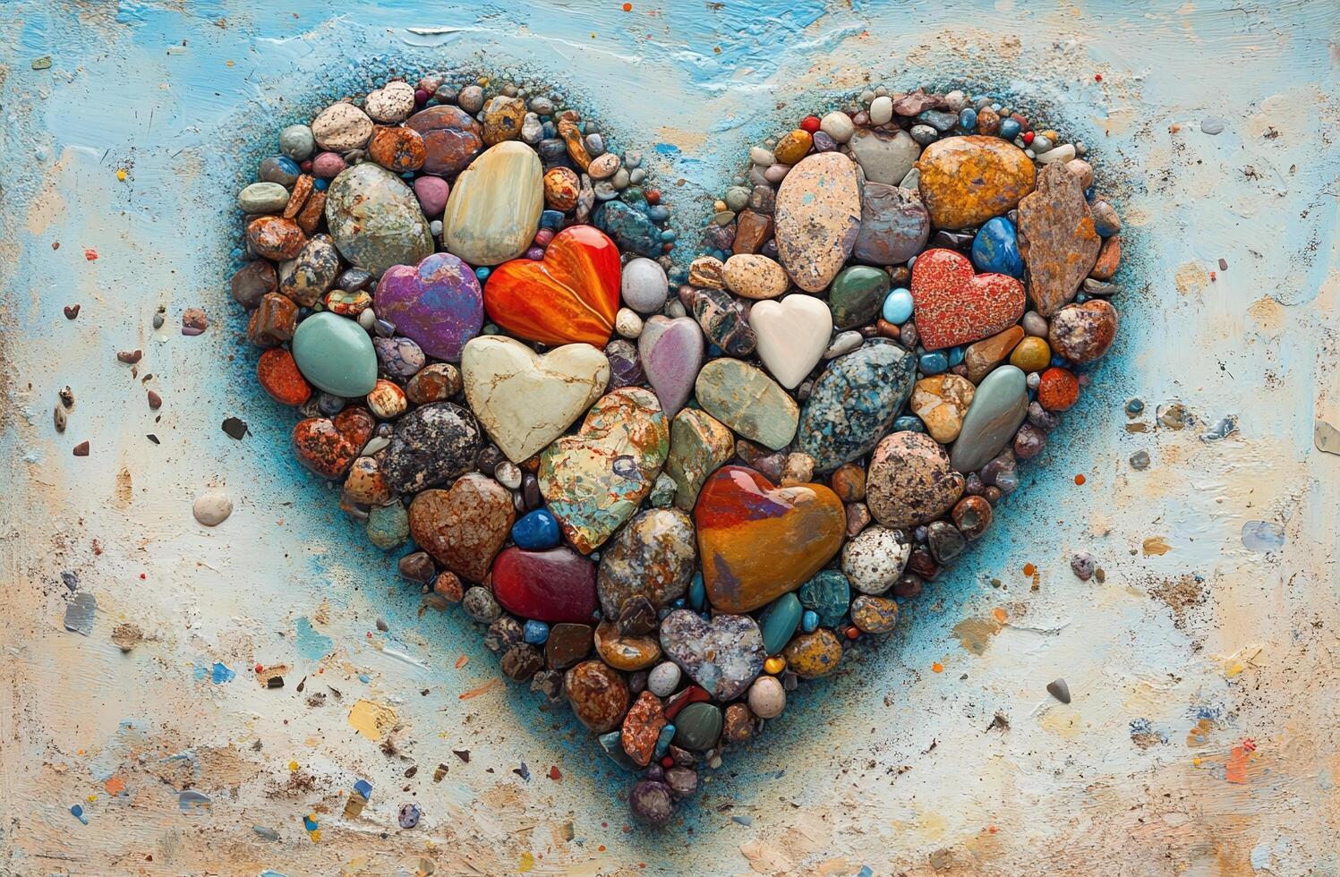 Heart Shaped Arrangement Of Multicolored Stones On Textured Blue Background For Romantic Decor photo