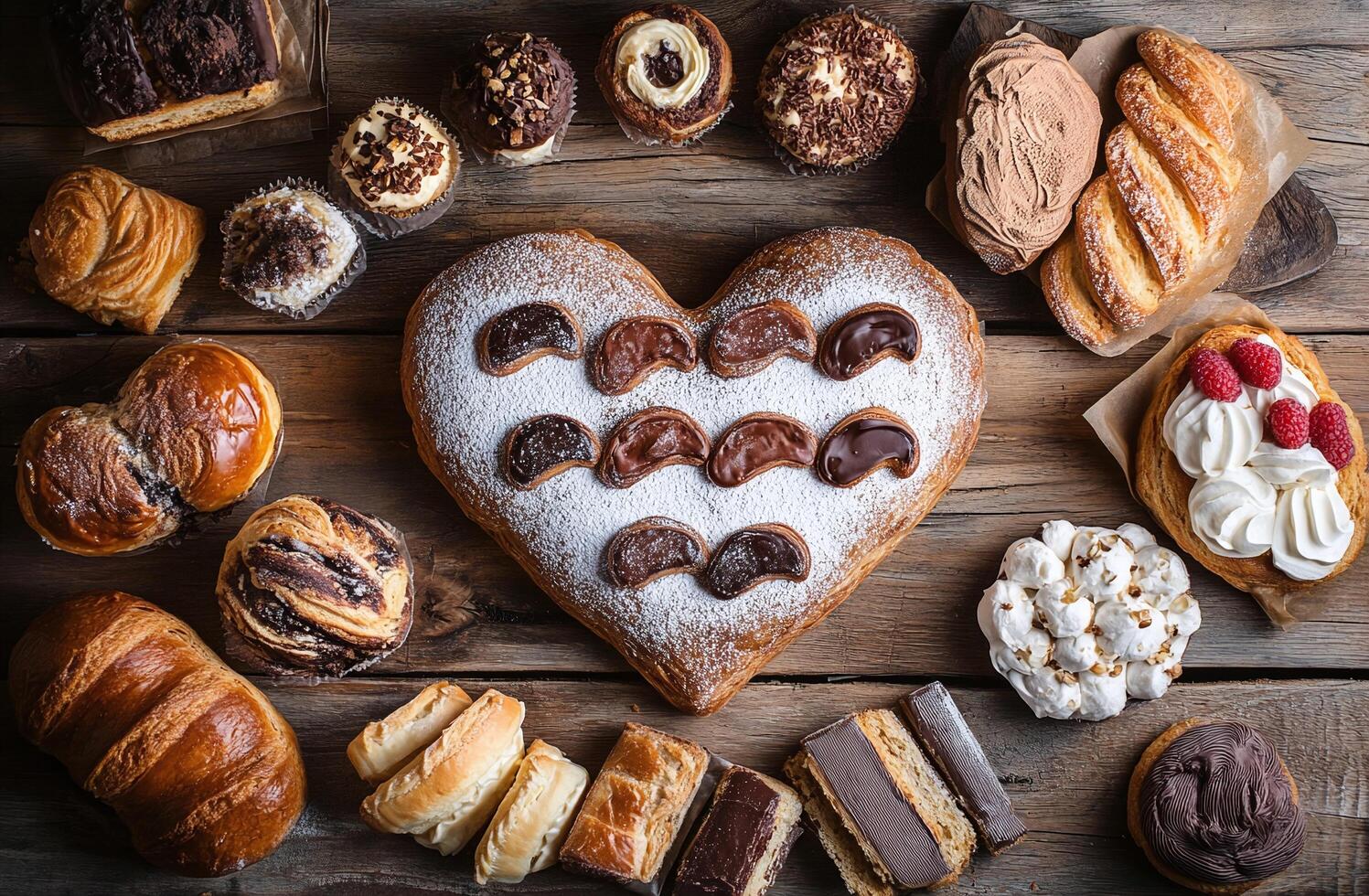 Heart Shaped Pastry with Chocolate Topping Surrounded by Assorted Baked Goods on Rustic Wooden Table photo