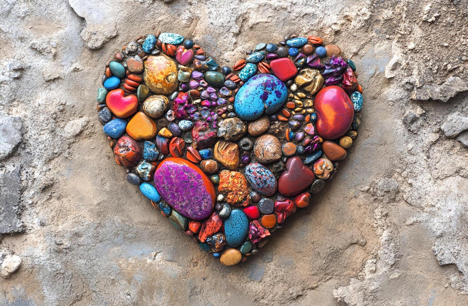 Heart Shaped Arrangement of Colorful Stones and Pebbles on Rustic Earthy Background for Artistic Decor photo