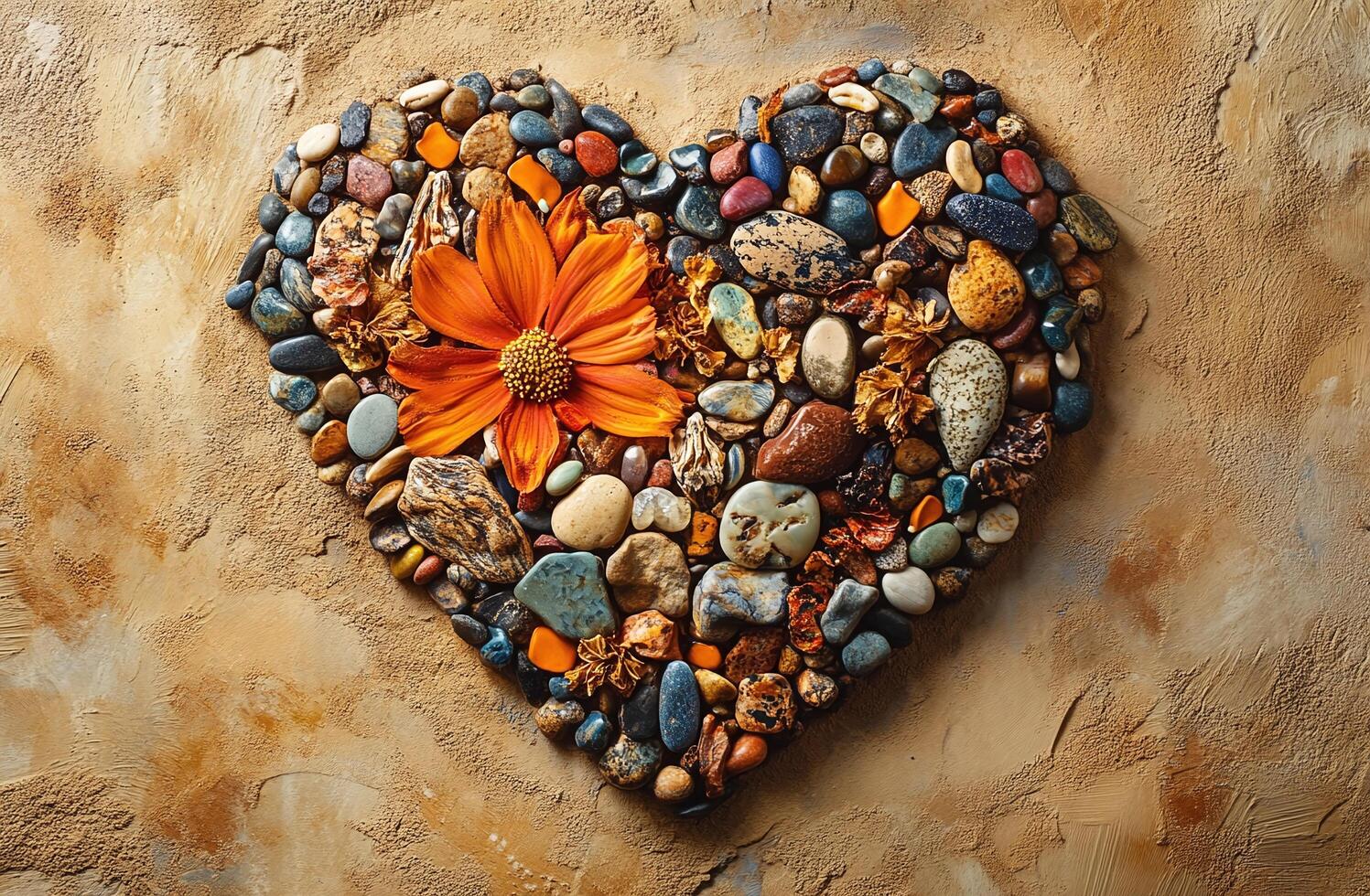 Heart Shaped Stone Arrangement with Orange Flower on Textured Beige Background for Art and Decor Inspiration photo