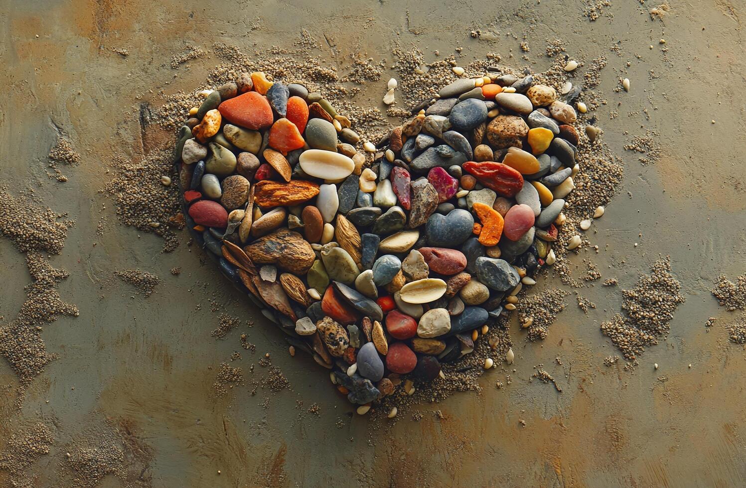Heart Shape Made of Colorful Pebbles and Stones on Sandy Textured Background for Nature and Love Concepts photo