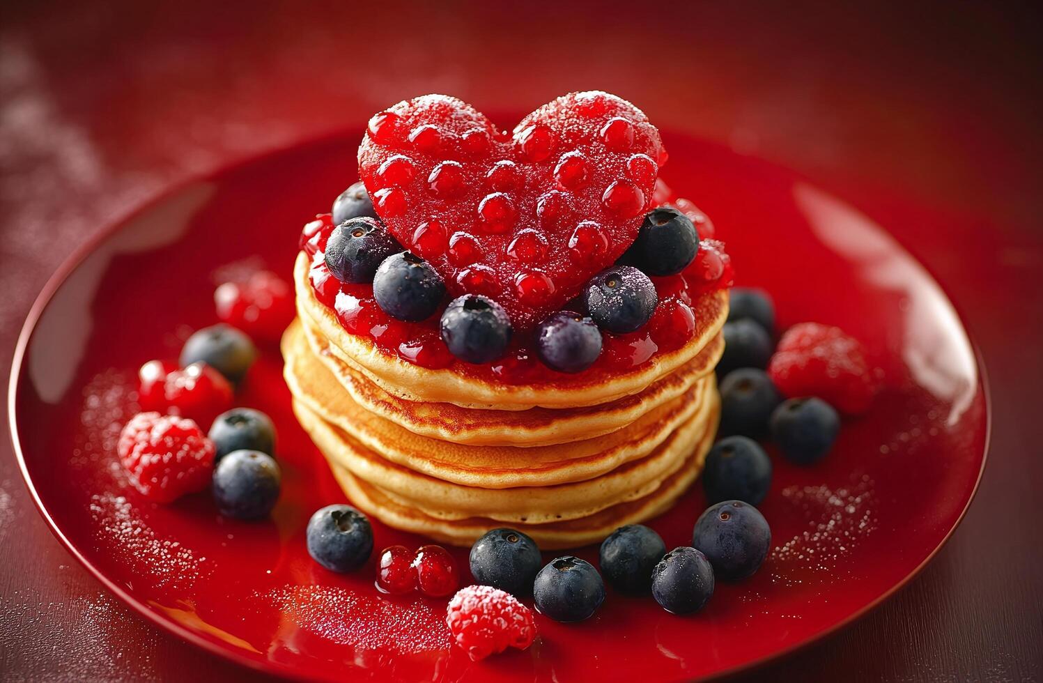 Stack of Pancakes Topped with Red Currant Heart Blueberries and Raspberries on Red Plate for Romantic Breakfast photo