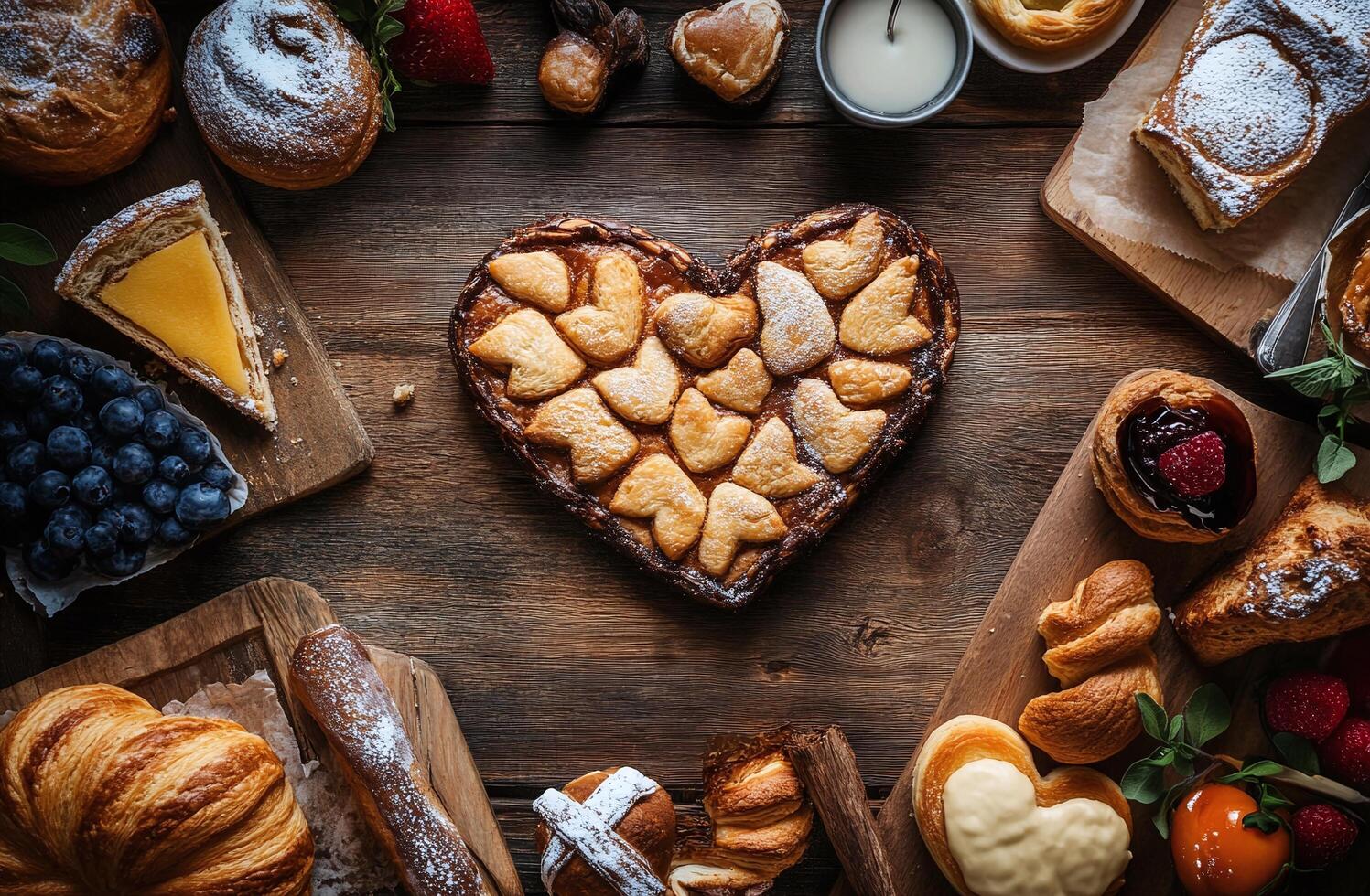 Heart Shaped Pastry with Golden Biscuits Surrounded by Assorted Desserts on Rustic Wooden Table photo