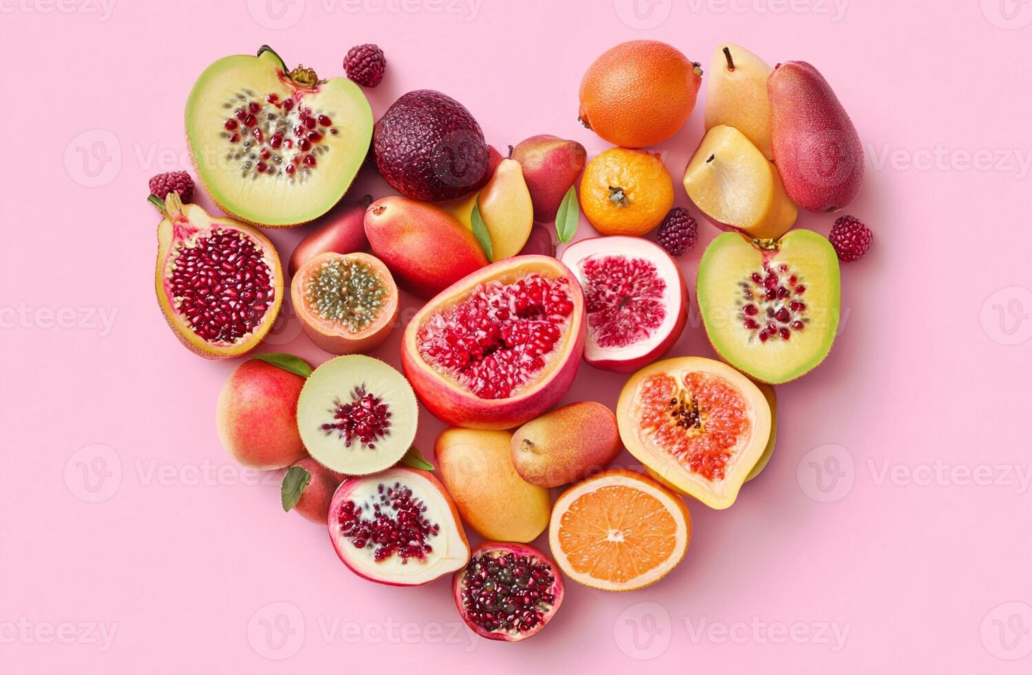 Heart Shaped Arrangement of Fresh Vibrant Fruits on Pink Background with Colorful Cut Cross Sections photo