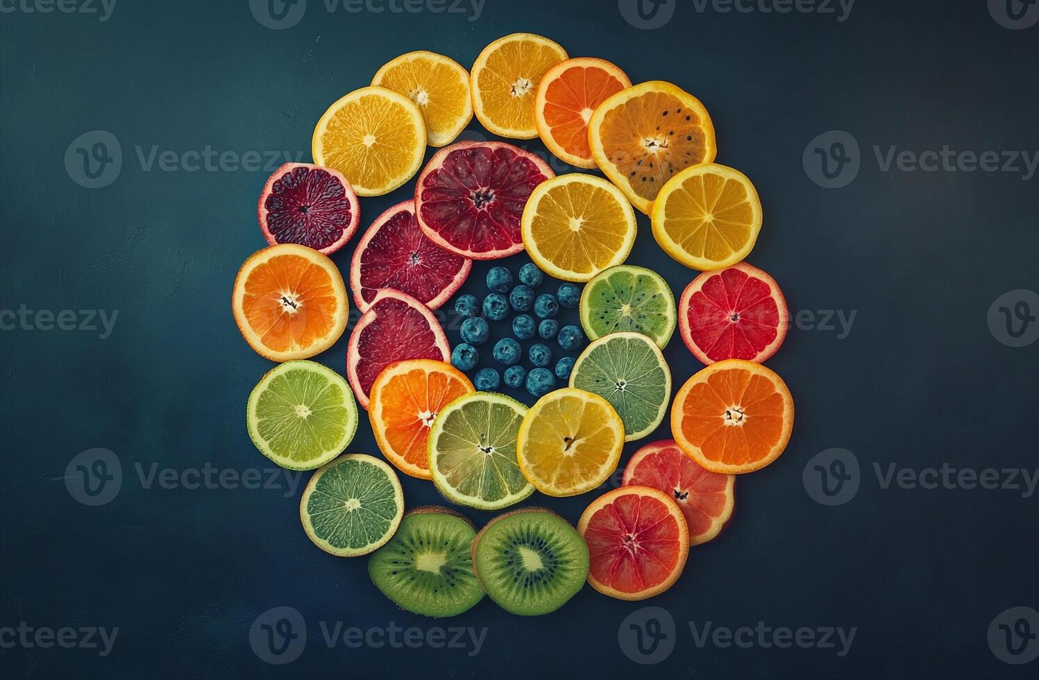 Vivid Citrus Fruit Slices Kiwi Blueberries Arrangement On Dark Background For Food And Health Concepts photo