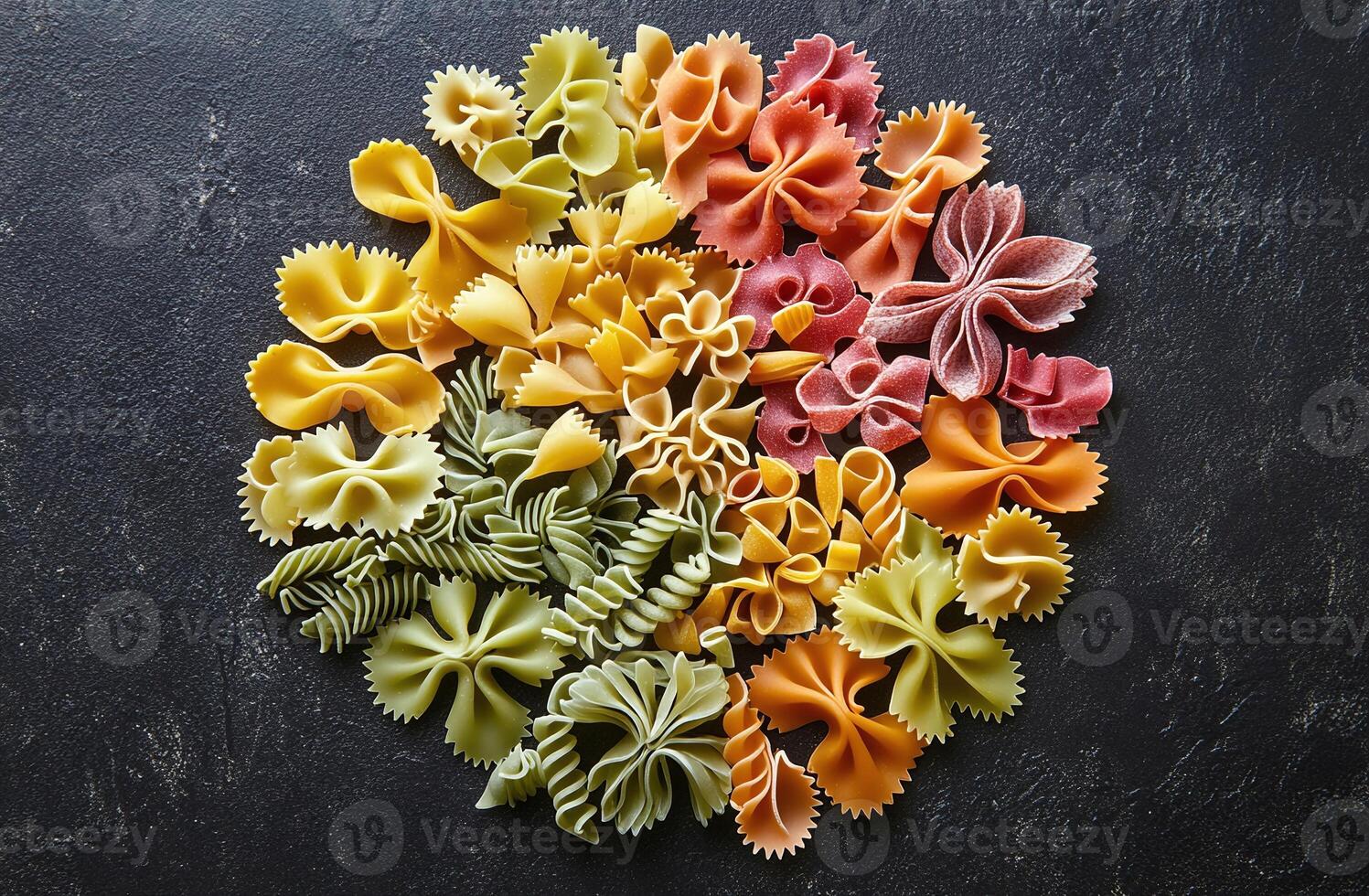 Assorted Colorful Bow Tie and Spiral Pasta Shapes on Black Textured Background for Cooking Concepts photo