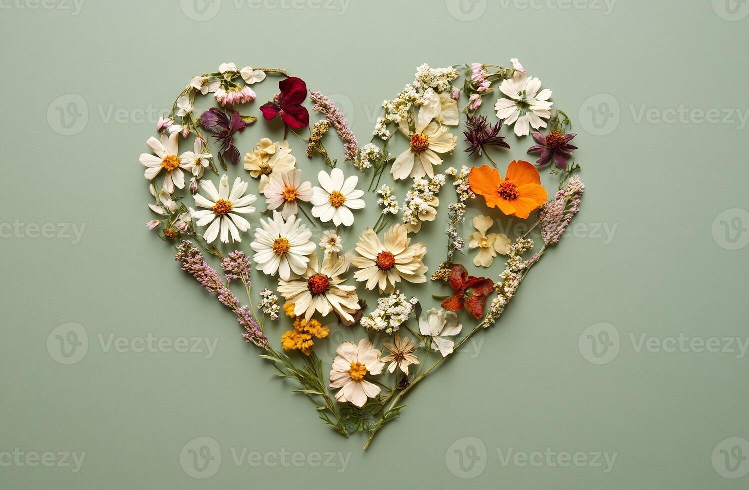 Heart Shaped Floral Arrangement with Assorted Colorful Wildflowers on Soft Green Background Flat Lay photo