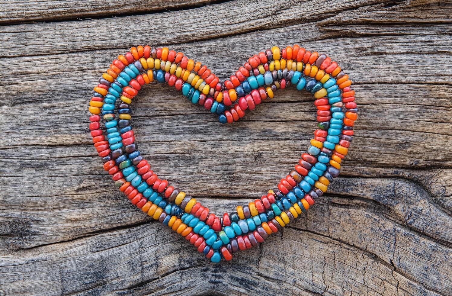 Heart Shape Made with Multicolored Beads on Rustic Wooden Background for Craft and Love Themes photo