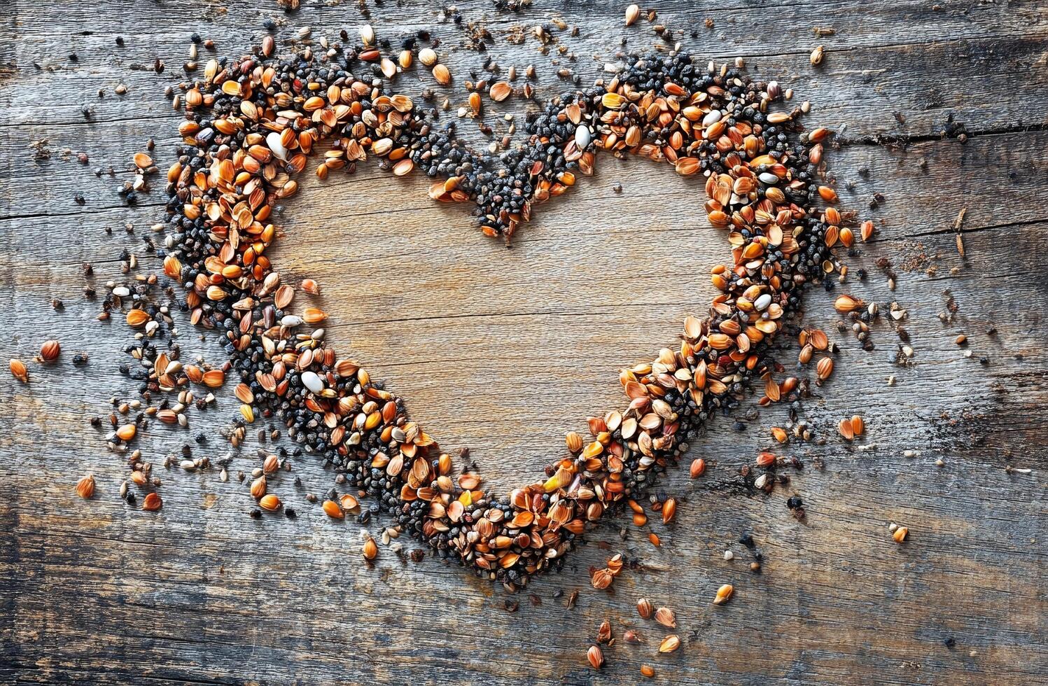 Heart Shaped Bird Seeds On Rustic Wooden Background Representing Nature And Love For Wildlife photo