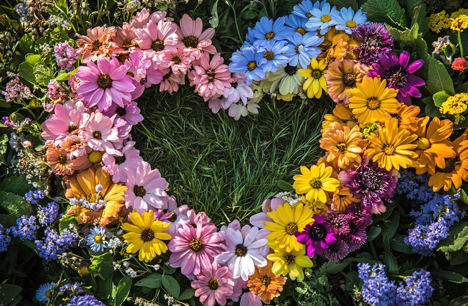 Heart Shaped Floral Arrangement with Pink Yellow Blue Flowers on Green Grass Background for Nature Themes photo