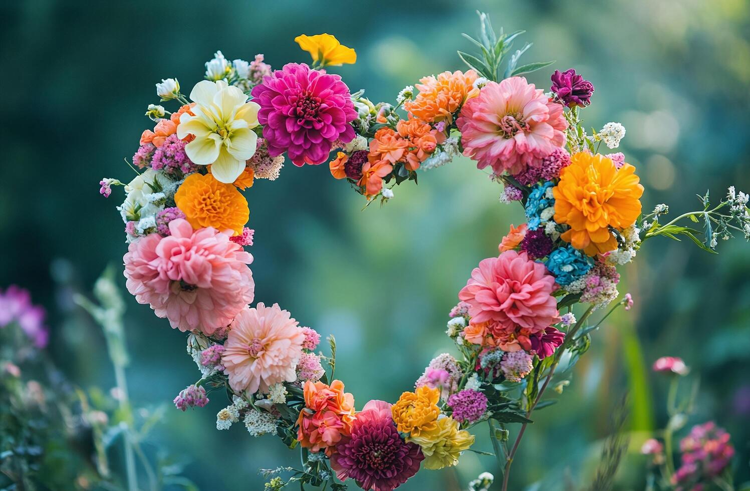 Heart Shaped Floral Wreath With Vibrant Blossoms In Garden Setting With Soft Green Background photo