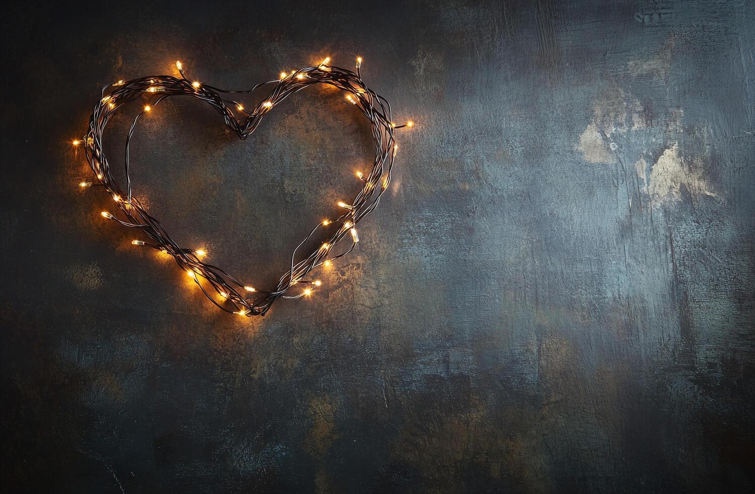 Heart Shaped String Lights with Warm Glow on Dark Textured Rustic Wall Background photo