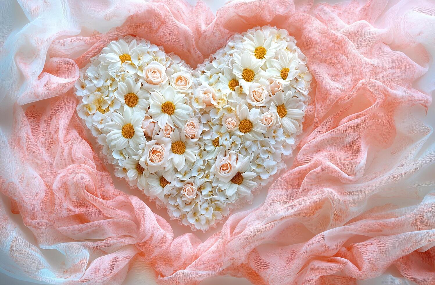 Heart Shaped White Daisy and Rose Flower Arrangement on Pink Sheer Fabric Background for Romantic Occasions photo